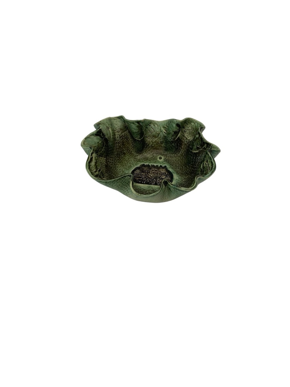 Vtg Studio Art Pottery Green Ruffled Bowl 3 Cats Medallion Leaf Dish Signed EB